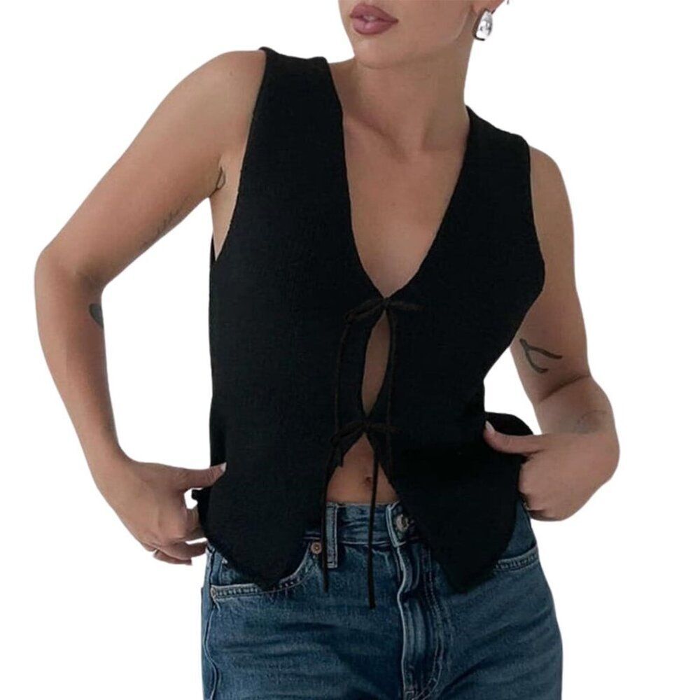 Black Tie-front Vest Cici Bell Blazer Vest Waistcoats Layering Medium *NEW stock